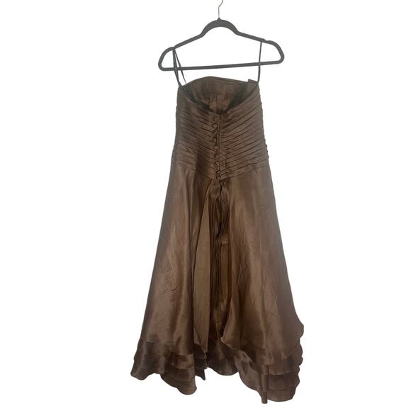 Women's Brown Silk Strapless A-Line Dress Size 6 Elegant Formal Gown Layered Hem - Picture 6 of 12